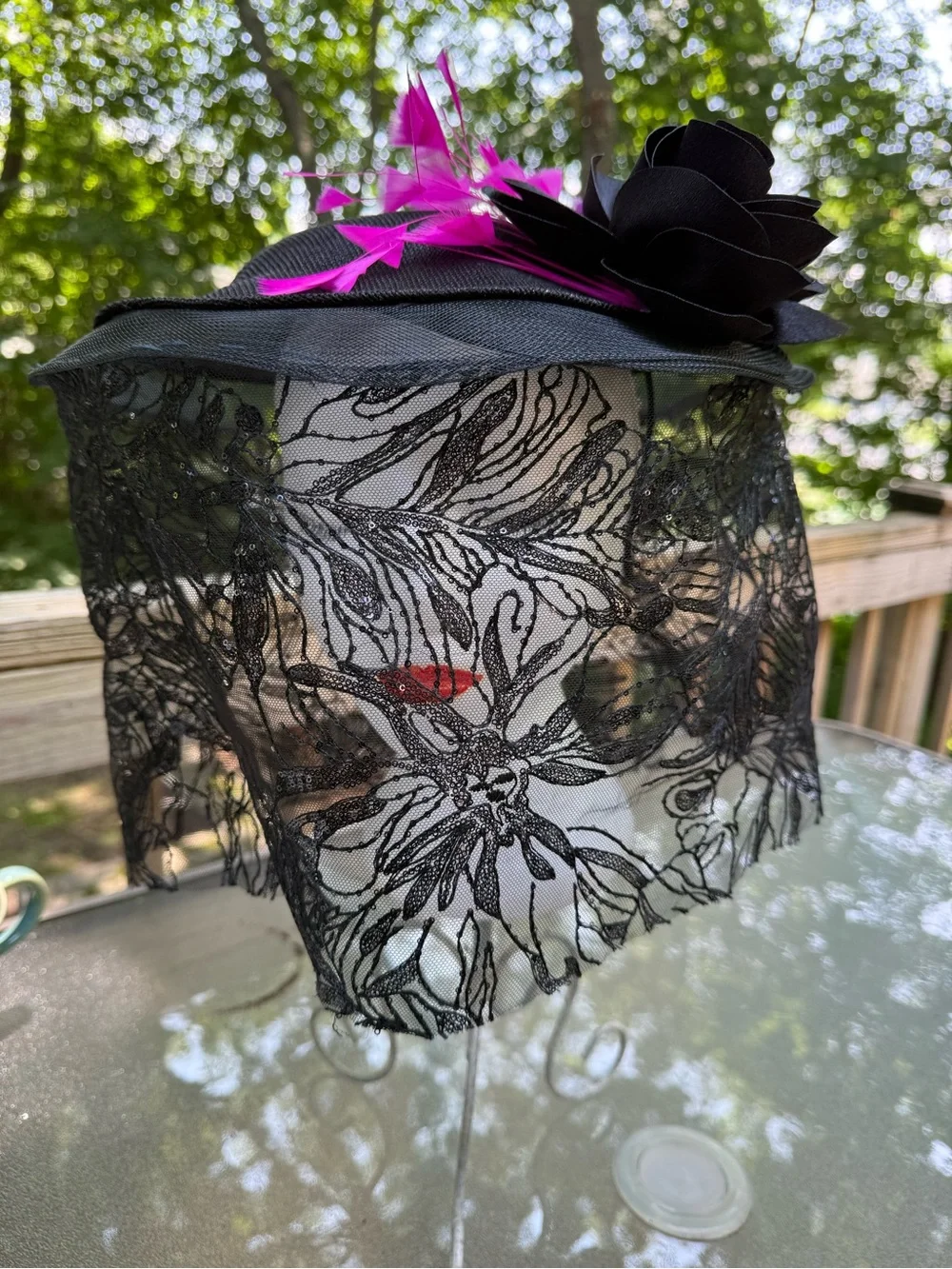 Black Veiled Fascinator Hat with Pink Feather Accent GOTH, VICTORIAN, THEATER